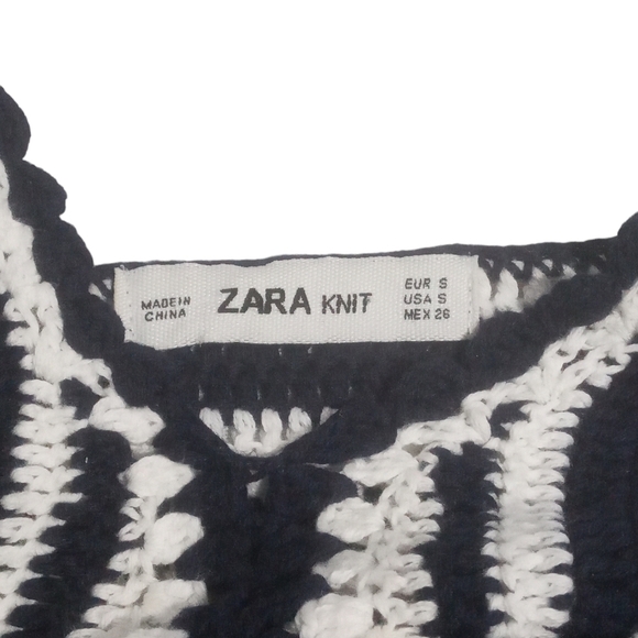 Zara Blue White Crochet Stripe Drawstring Waist Crop Tank Top Small - Picture 7 of 7